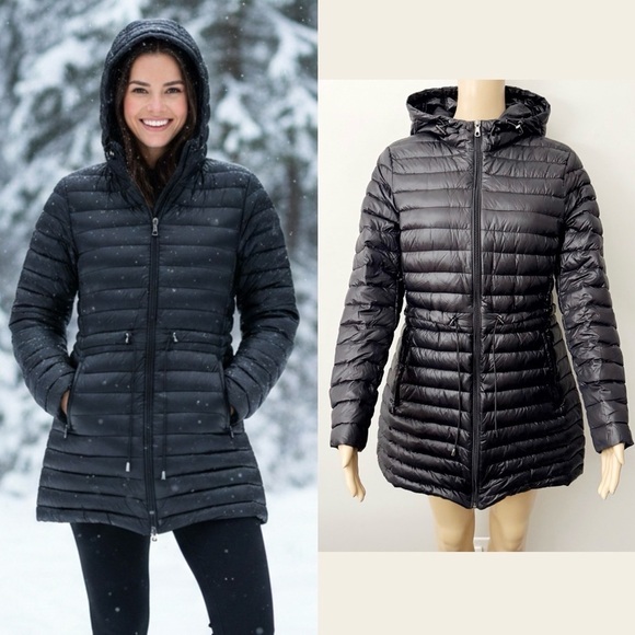 Simons Jackets & Blazers - CONTEMPORAINS Lightweight Packable Winter Puffer Black Hooded Down Jacket Coat.